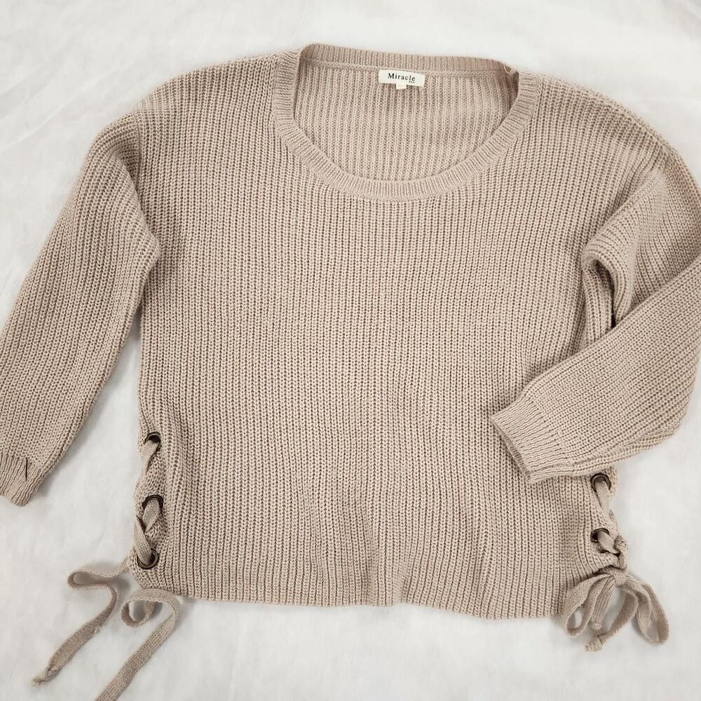 Miracle USA Taupe Lace-Up Side Chunky Knit Sweater S/M Boxy Cozy Neutral Boho